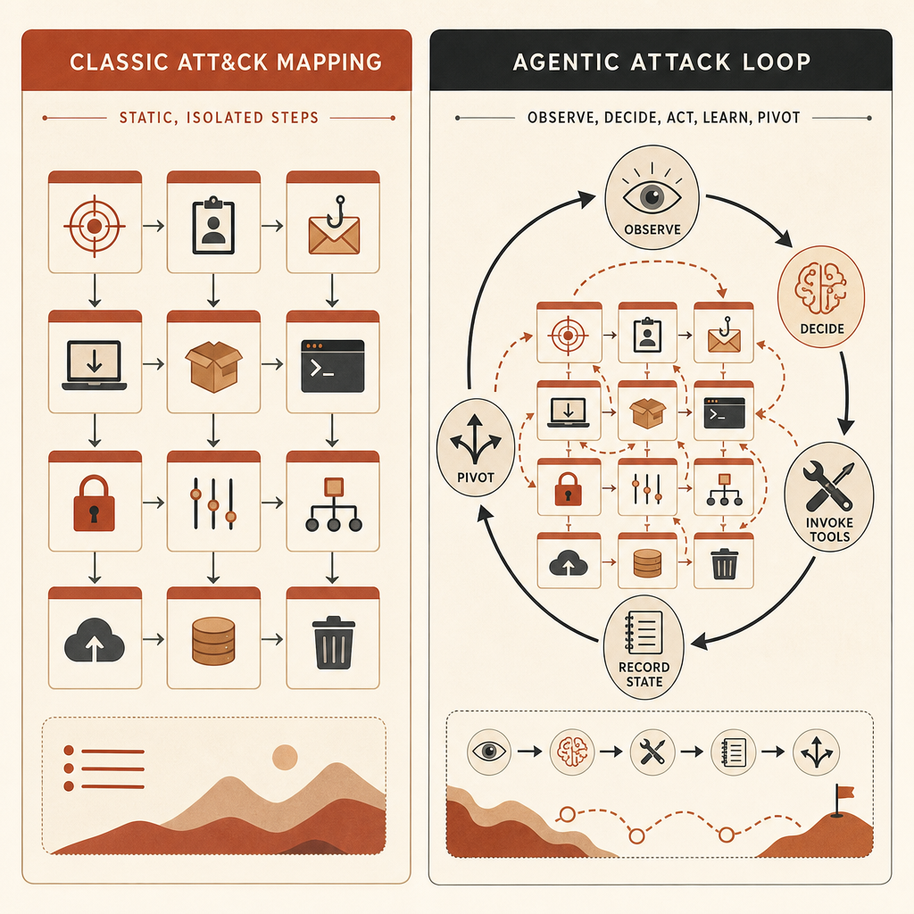 Geteiltes Diagramm, das klassisches ATT&CK-Mapping als getrennte Technik-Kästen mit einer agentischen Angriffsschleife vergleicht, bei der die