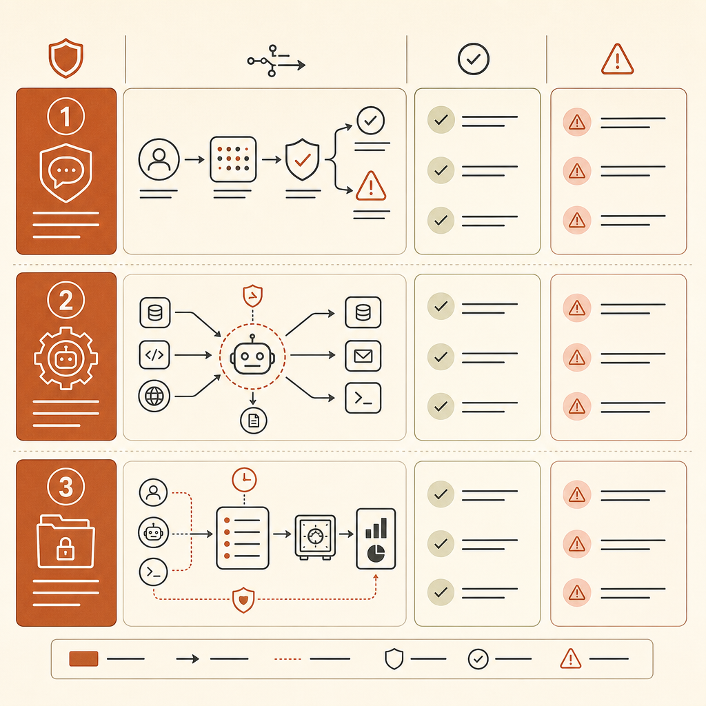 Kompakte Vergleichsgrafik mit drei Kontrollschichten für KI-Cybertools: Prompt-Klassifikator, Agent-Laufzeitrichtlinie und e