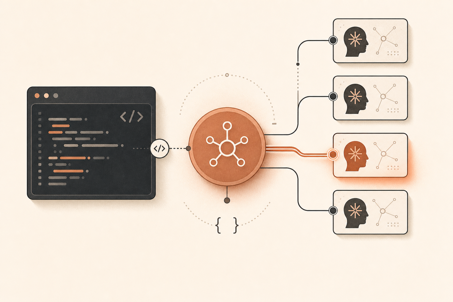 A cream-background vector cover showing a developer terminal connected through a terracotta RouteMux-style gateway node to