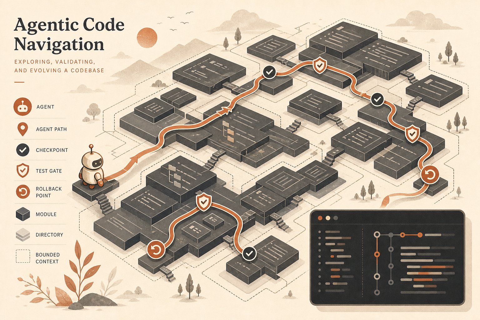 A cream editorial cover showing a large codebase map as layered charcoal blocks, a terracotta agent path running through