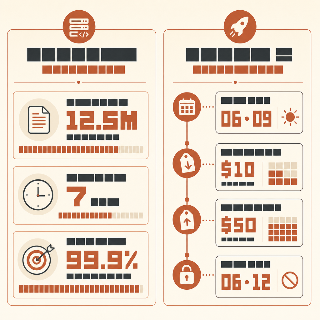 Graphique comparatif compact en deux panneaux : à gauche, les métriques du cas Rakuten, 12,5 millions de lignes, 7 heures, 99,9 % de précision numérique