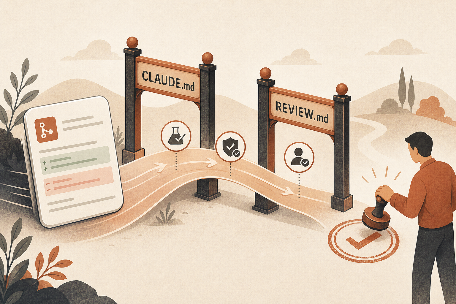 A warm editorial vector scene of a GitHub-style pull request passing through two labeled markdown gates, CLAUDE.md and R
