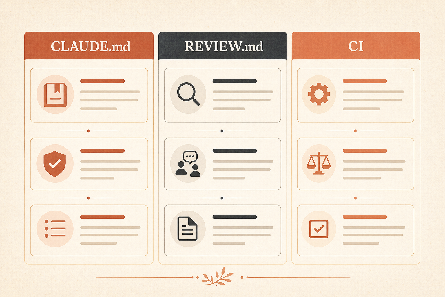 رسم جدول مقارنة مضغوط بثلاثة أعمدة معنونة CLAUDE.md وREVIEW.md وCI، يعرض قواعد السياق والمراجعة