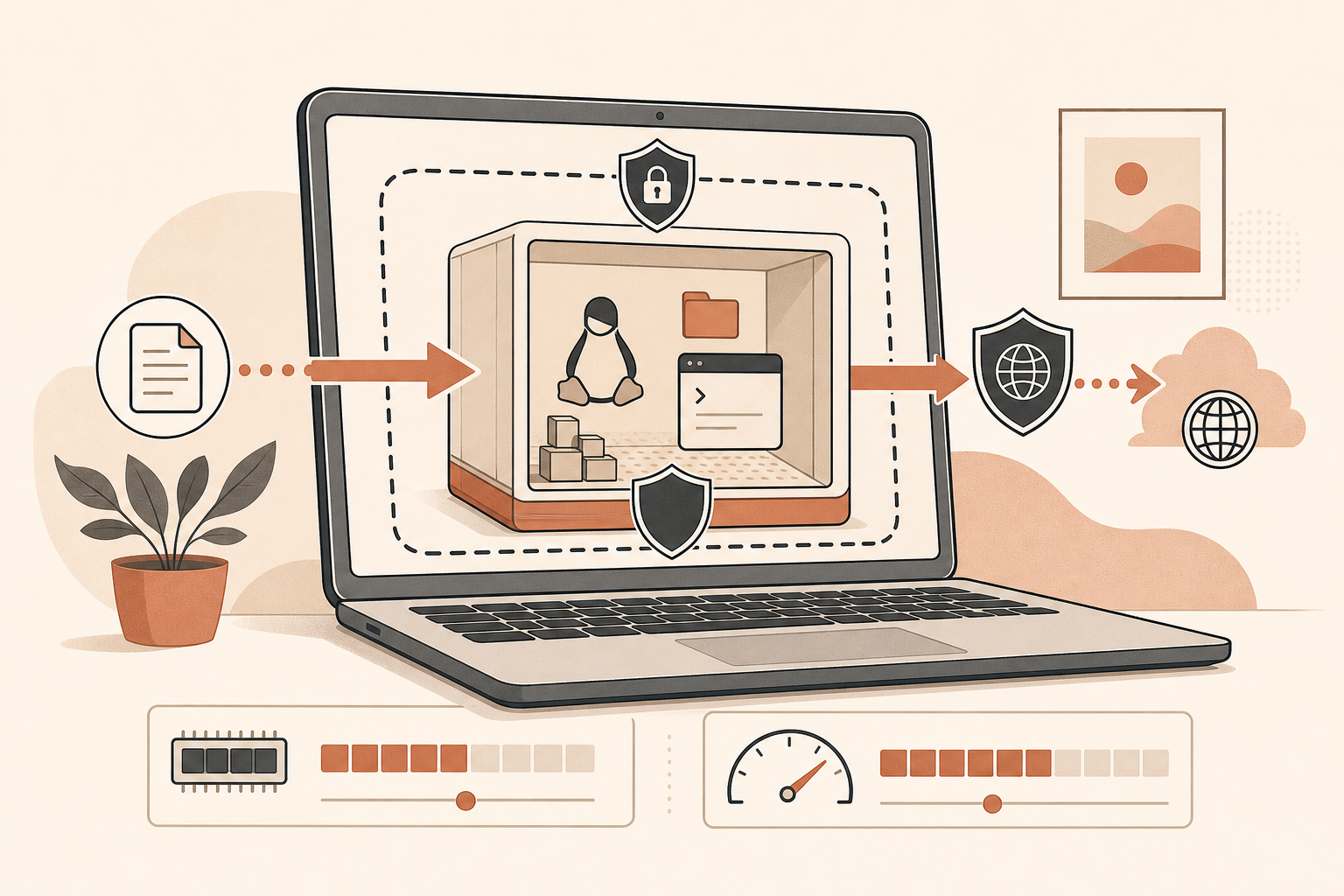 A cream-background editorial illustration of a laptop running a sealed Linux VM box inside it, with terracotta arrows fo