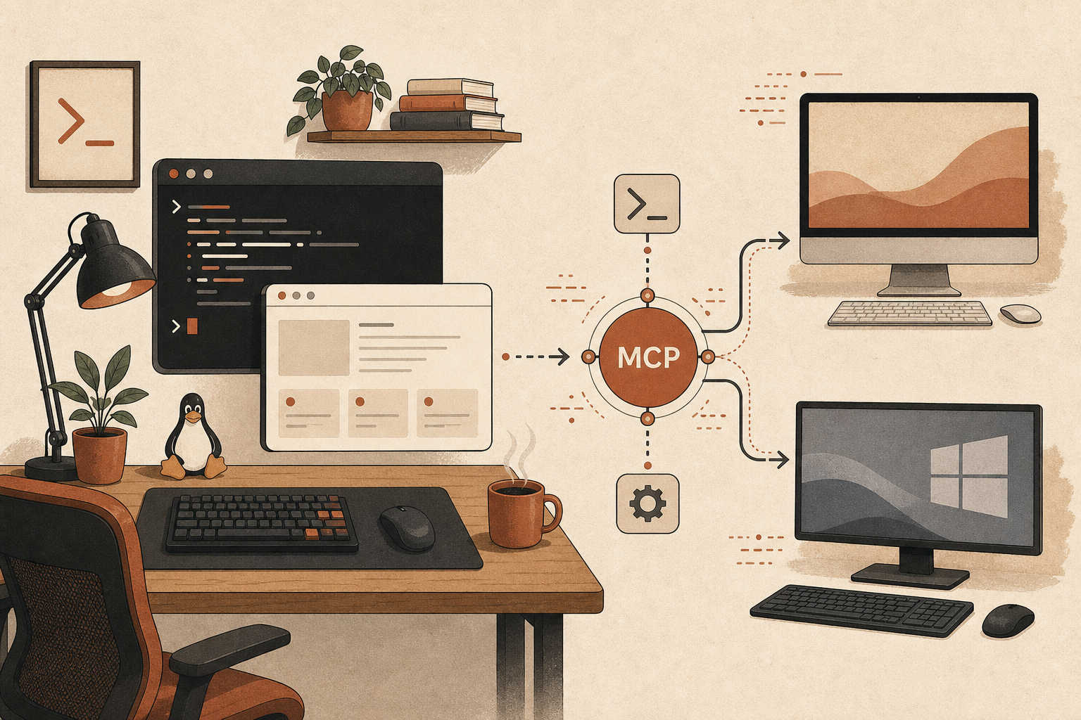 A Linux developer workstation with a terminal, browser, and MCP node diagram branching toward macOS/Windows desktop silh