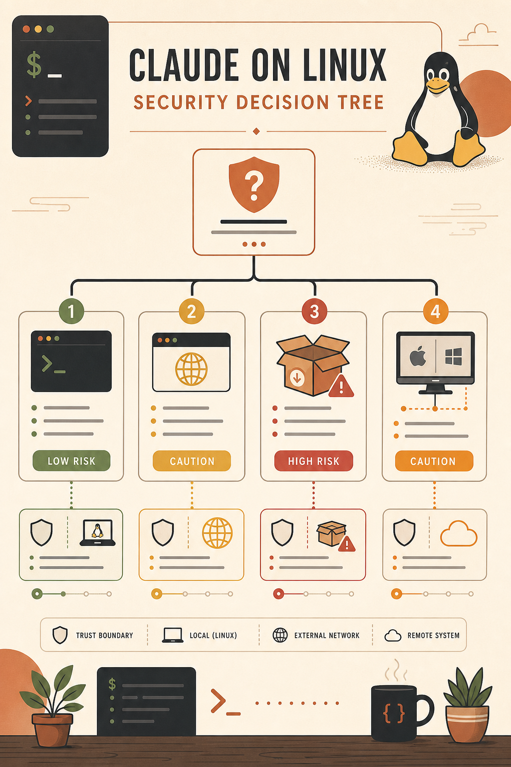 Security decision tree for Linux Claude users: official CLI, browser, unofficial repackage, remote macOS/Windows host, w