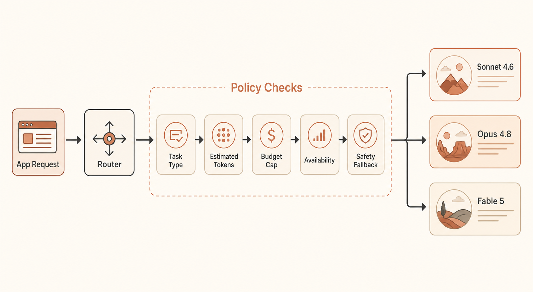 Architecture flow sketch showing app request entering a router, then passing through policy checks labeled task type, es