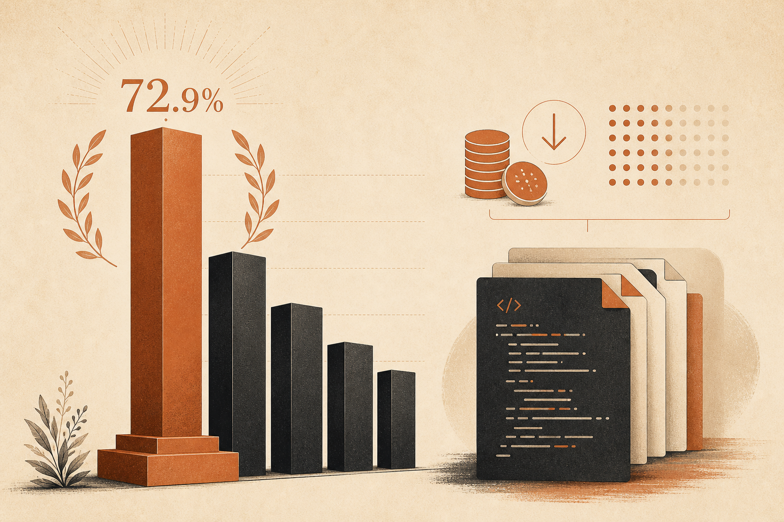 A cream editorial cover showing a stylized coding-agent leaderboard as stacked terracotta and charcoal bars, with one ta