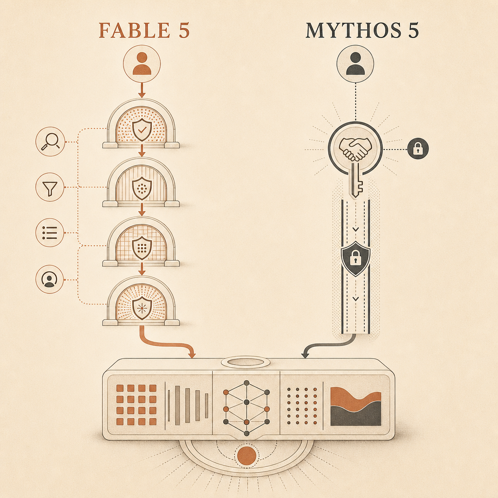 Fable 5 ve Mythos 5’in aynı temel model bloğunu paylaştığını gösteren, kapakla uyumlu model ailesi diyagramı; Fable p