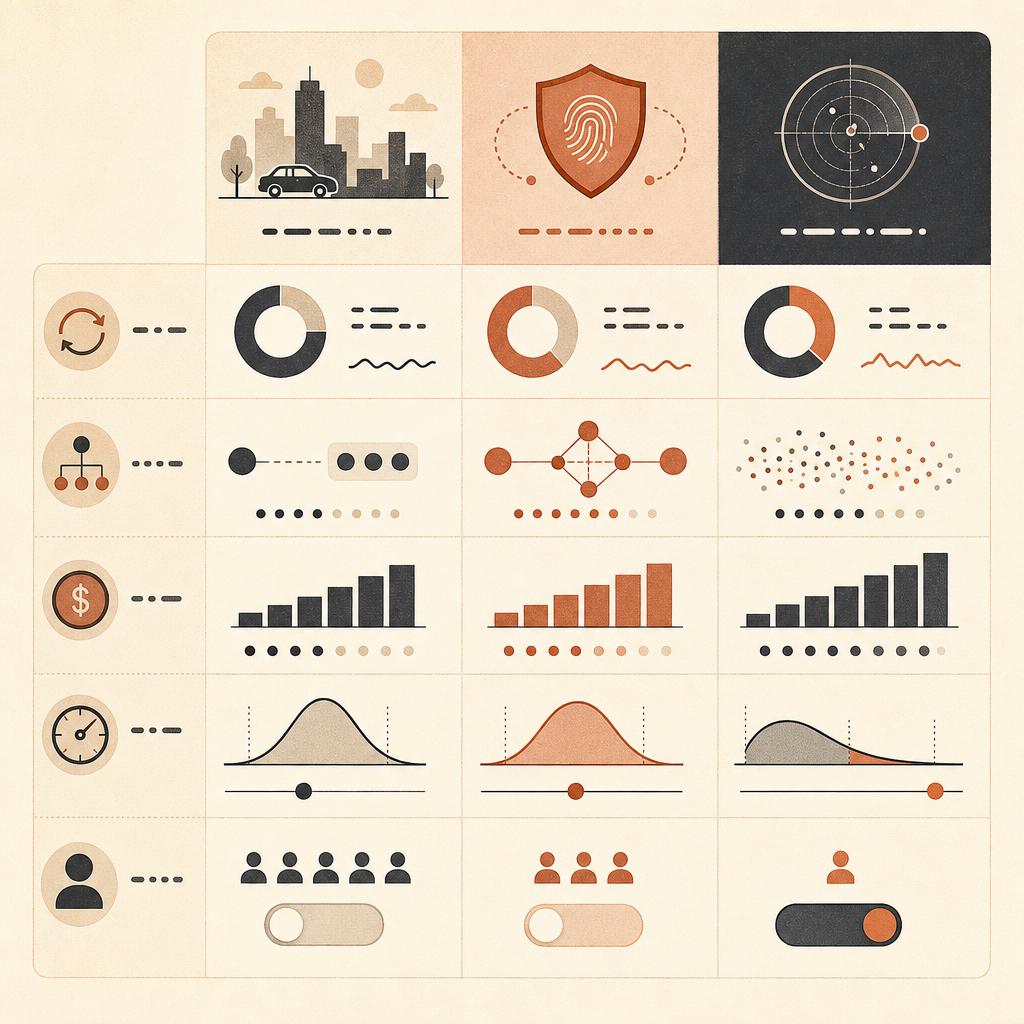 Normal trafik, hassas trafik ve false-positive p etiketli üç sütunu olan kompakt eval dashboard mockup’ı