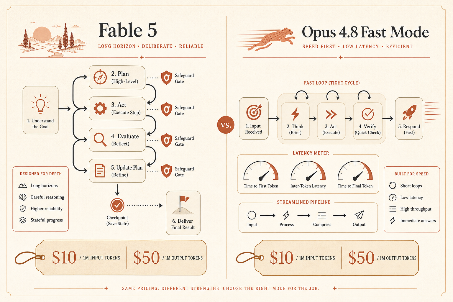 A split comparison dashboard on cream paper: left column “Fable 5” with long-horizon agent loops and safeguard gates, ri
