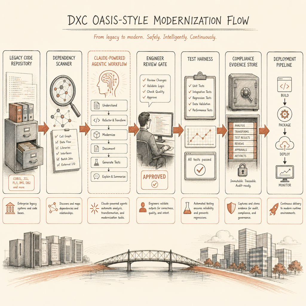 رسم معماري لتدفق تحديث بأسلوب DXC OASIS: مستودع شيفرة قديمة، ماسح تبعيات، ووكيل مدعوم بـ Claude