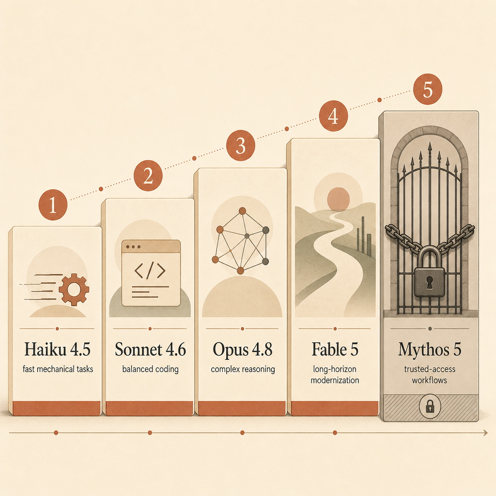 مخطط عائلة نماذج يعرض Haiku 4.5 للمهام الميكانيكية السريعة، وSonnet 4.6 للبرمجة المتوازنة، وOpus 4.8 للمهام المعقدة