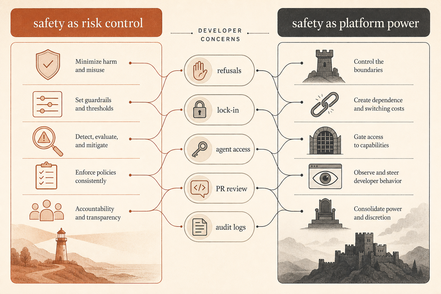 Split-panel debate map showing two columns: “safety as risk control” and “safety as platform power,” with developer conc