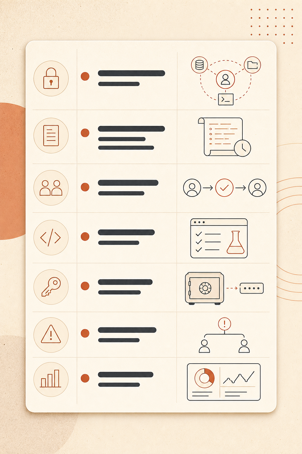 Compact checklist dashboard for coding-agent governance with rows for access scope, logging, review, invariant tests, se