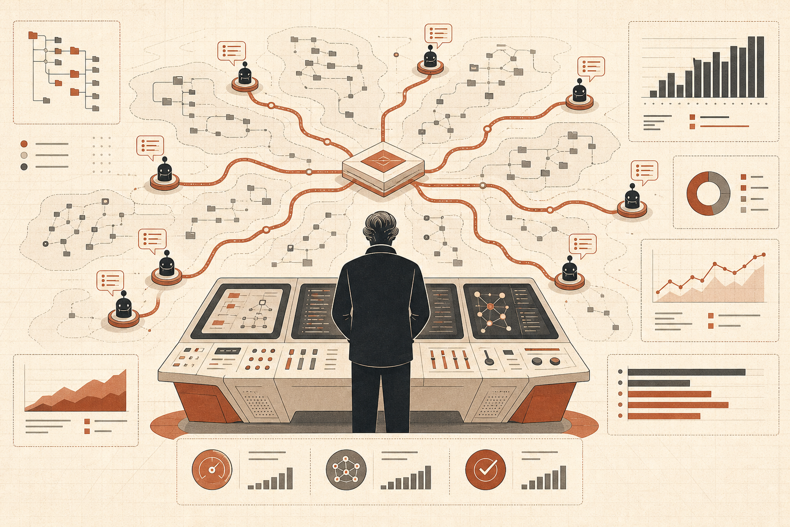 A cream-background editorial illustration of one senior developer console supervising many small agent nodes branching a