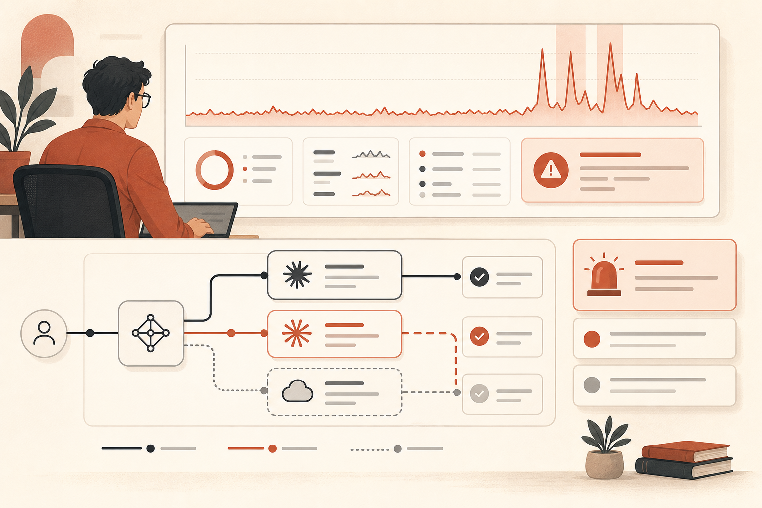 A cream-background editorial illustration of a developer dashboard with red error spikes over a Claude model routing dia