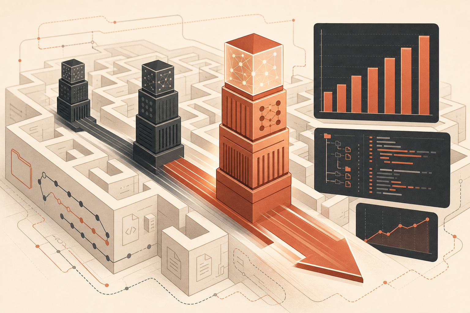 A cream-background editorial cover showing three abstract AI model towers racing through a repo-shaped maze, with Opus 4