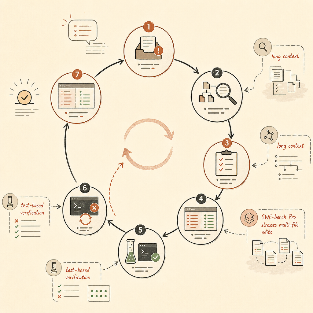 Architecture flow sketch showing an autonomous repo agent loop: issue intake, repo search, plan, patch, test, repair, fi