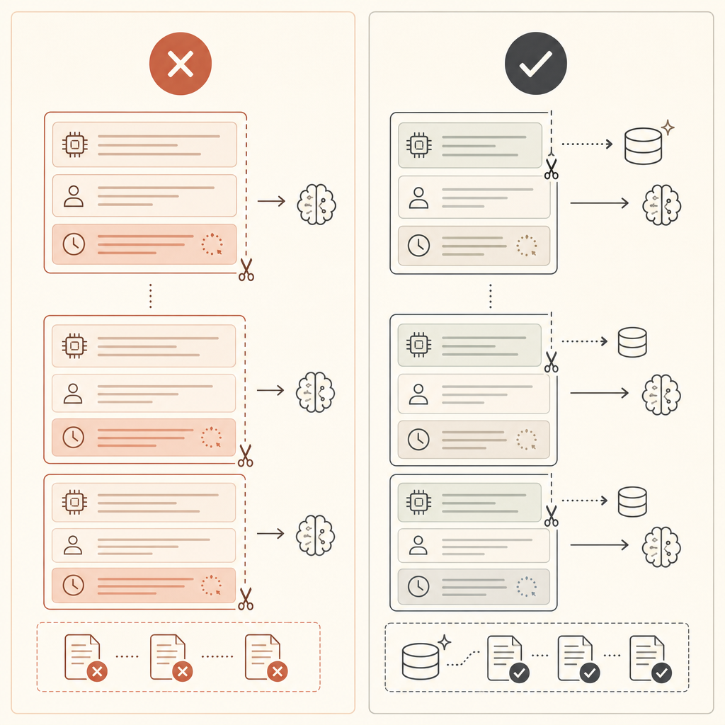 Vorher-nachher-Diagramm: ein schlechter Cache-Breakpoint nach einem veränderlichen Timestamp/einer User-Message versus ein guter Breakpoint