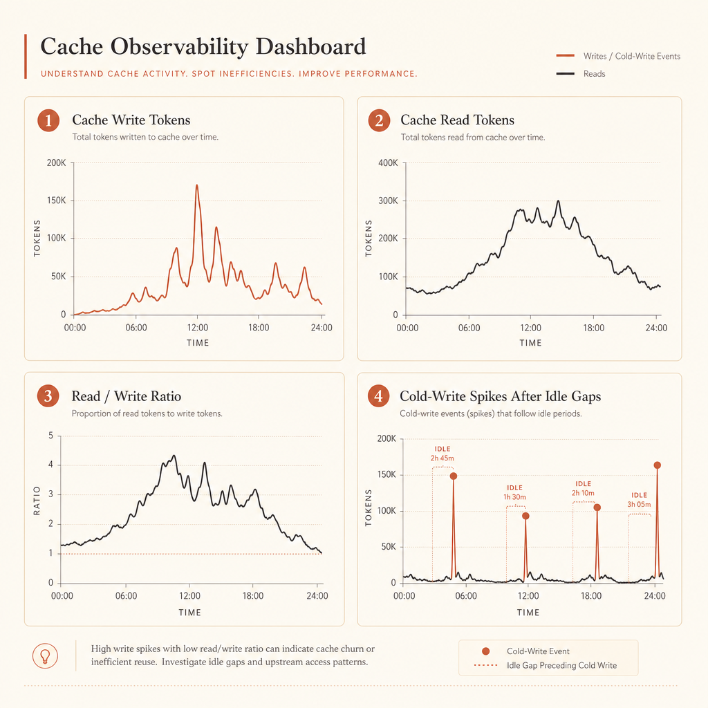 Kompaktes Observability-Dashboard-Mockup mit vier Panels: Cache-Write-Tokens, Cache-Read-Tokens, Read/Write-Verhältnis und co