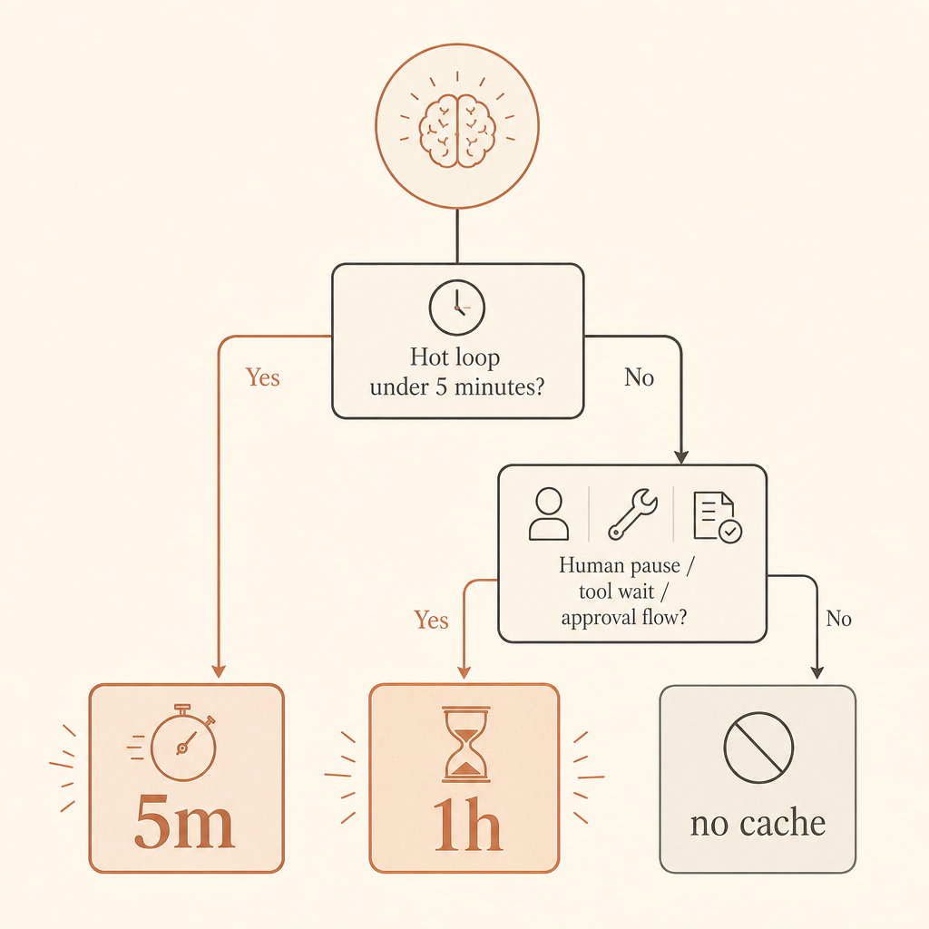 Entscheidungsbaum zum Vergleich von 5-Minuten- und 1-Stunden-Cache: Hot Loop unter 5 Minuten geht zu 5m, Menschenpause/Tool-Warten/ap