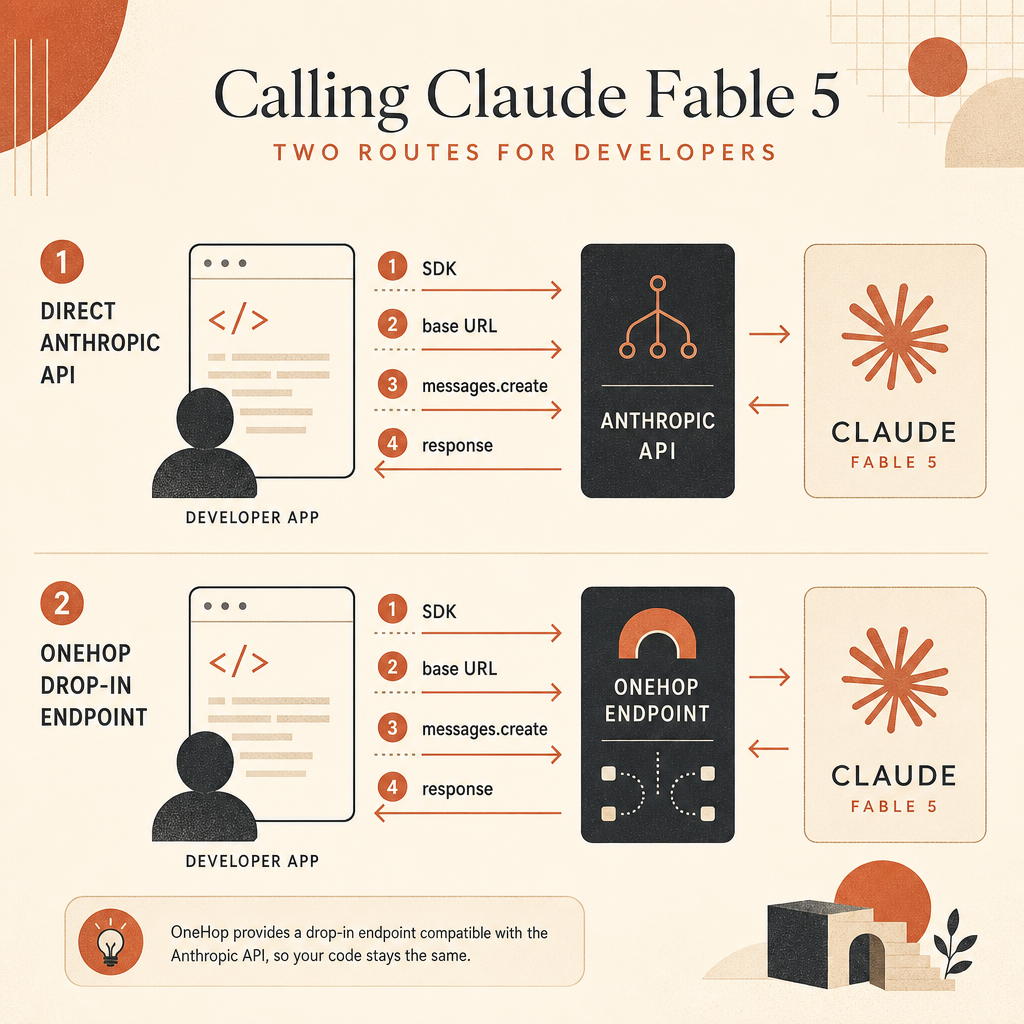 Cover-style architecture sketch showing a developer app calling Claude Fable 5 through two routes: direct Anthropic API