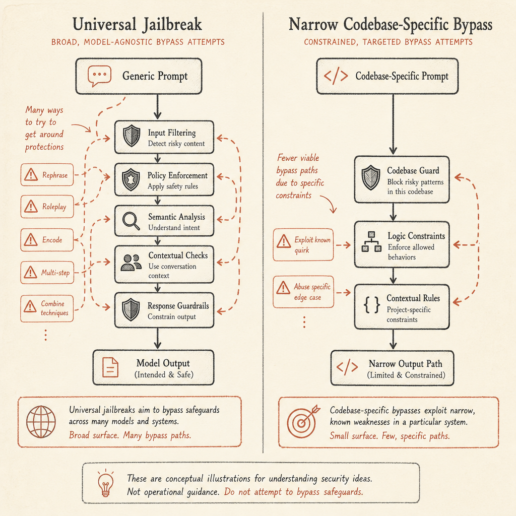 A split-panel flow sketch comparing “universal jailbreak” versus “narrow codebase-specific bypass,” with arrows from pro