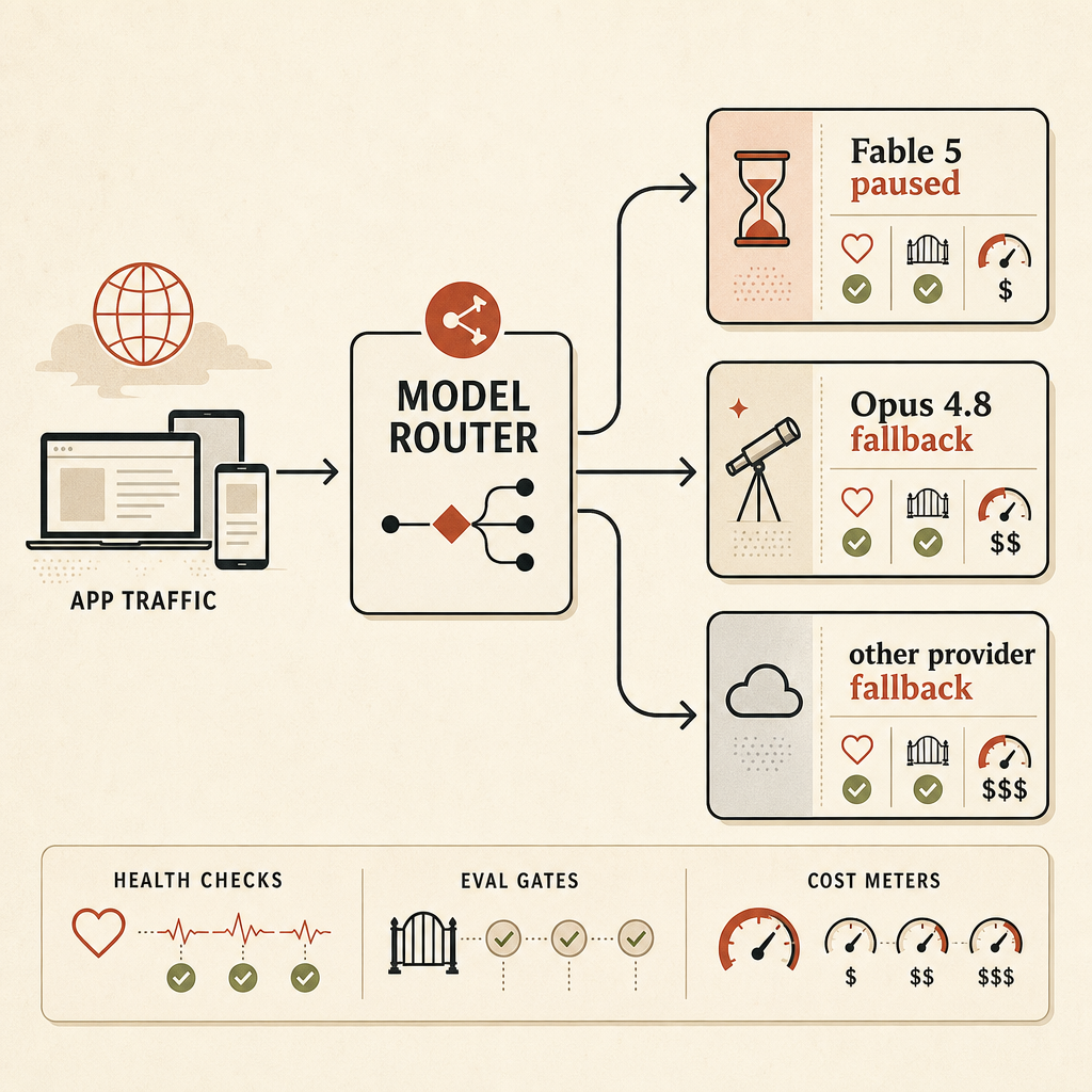 A developer architecture diagram showing app traffic entering a model router, then branching to “Fable 5 paused,” “Opus 